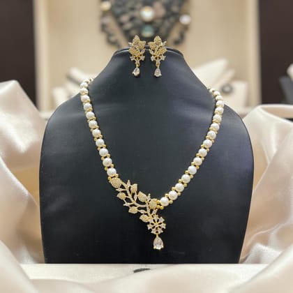 Elegant Grey Pearl and CZ Leaf Design Silver Jewelry Set for Women