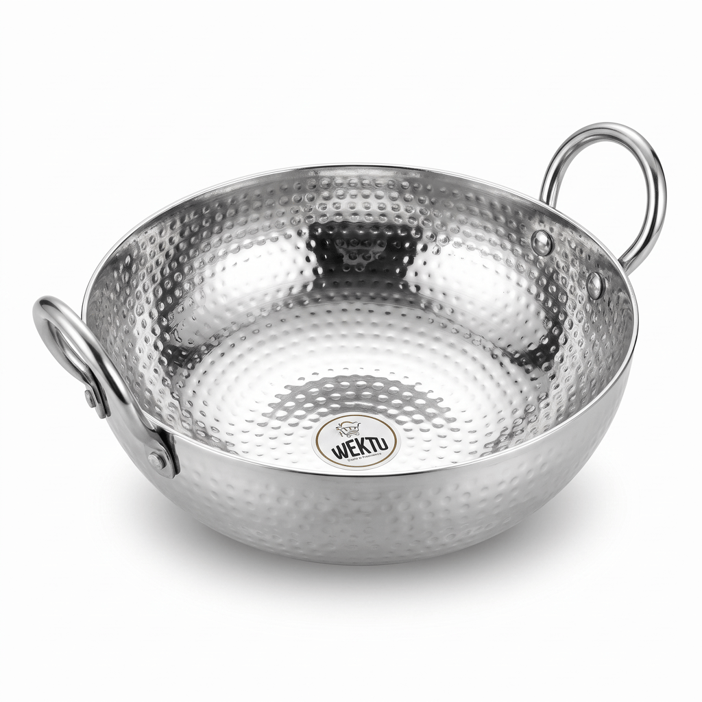 WEKTU Premium Stainless Steel Hammered Kadhai – Heavy Gauge Mathar Kadhai with Sturdy Riveted Stainless Steel Loop Handles | Mirror Finish Cook & Serve Deep Kadhai for Home & Kitchen - Cookware | Buy online on ZillyBuy