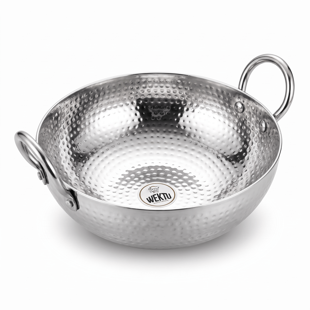 WEKTU Premium Stainless Steel Hammered Kadhai – Heavy Gauge Mathar Kadhai with Sturdy Riveted Stainless Steel Loop Handles | Mirror Finish Cook & Serve Deep Kadhai for Home & Kitchen - Cookware | Buy online on ZillyBuy