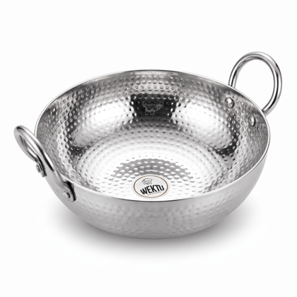 WEKTU Premium Stainless Steel Hammered Kadhai – Heavy Gauge Mathar Kadhai with Sturdy Riveted Stainless Steel Loop Handles | Mirror Finish Cook & Serve Deep Kadhai for Home & Kitchen