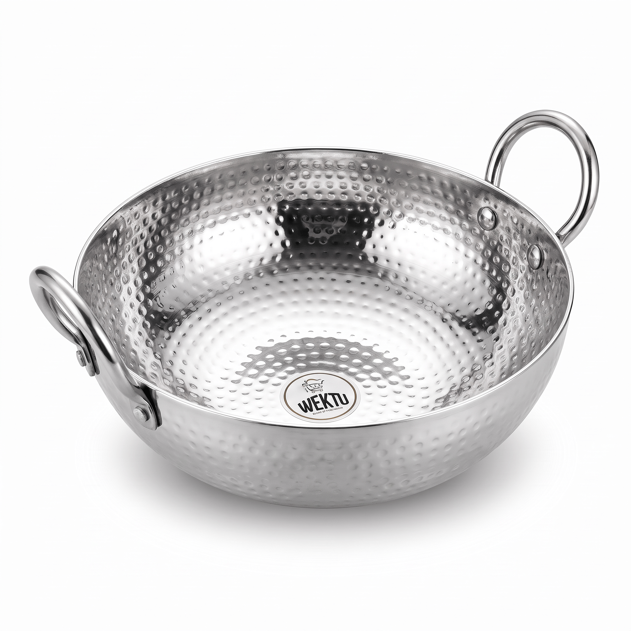 WEKTU Premium Stainless Steel Hammered Kadhai – Heavy Gauge Mathar Kadhai with Sturdy Riveted Stainless Steel Loop Handles | Mirror Finish Cook & Serve Deep Kadhai for Home & Kitchen
