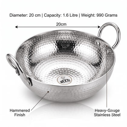WEKTU Premium Stainless Steel Hammered Kadhai – Heavy Gauge Mathar Kadhai with Sturdy Riveted Stainless Steel Loop Handles | Mirror Finish Cook & Serve Deep Kadhai for Home & Kitchen