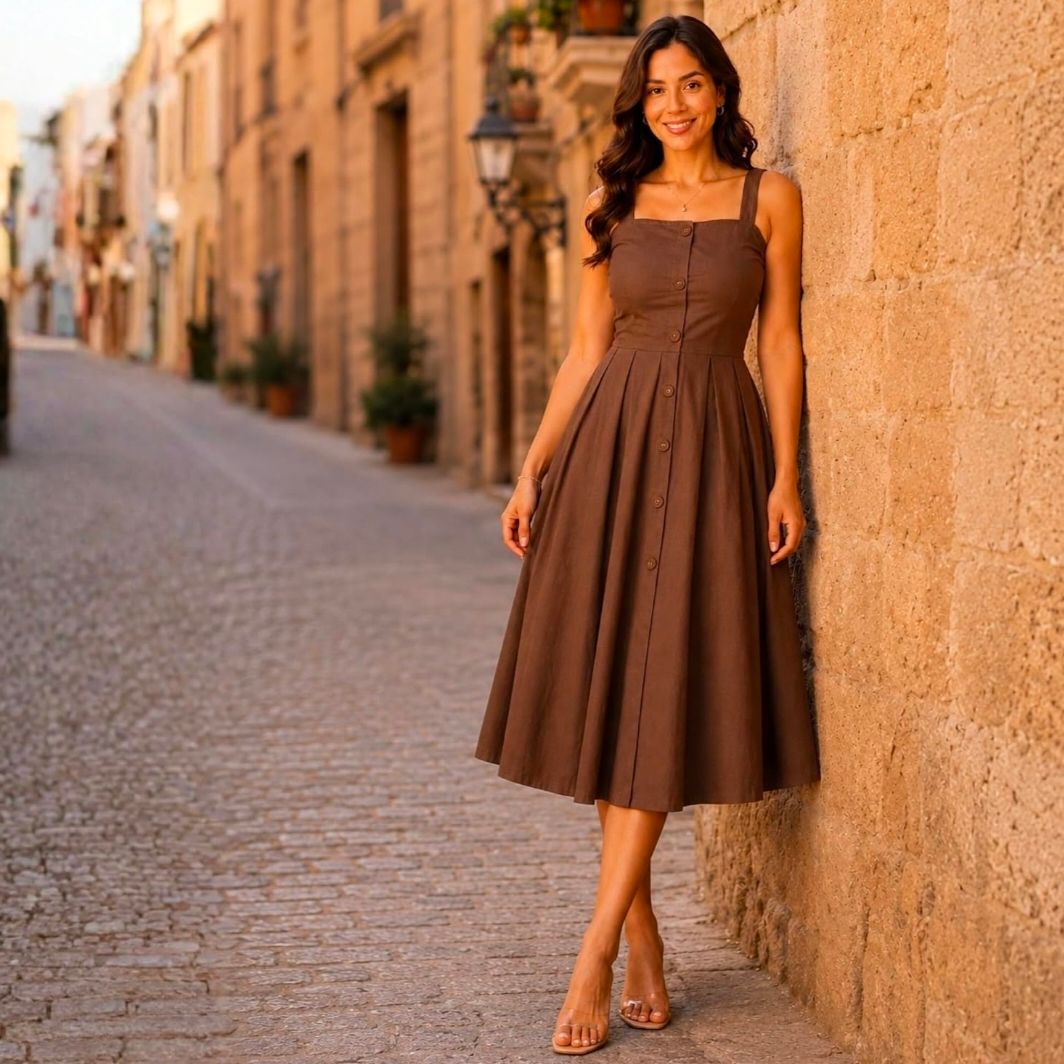 Women's Sleeveless Midi Dress with Square Neck, Front Button Design, Pleated Flared Skirt, Casual Summer A- Line Dress for Women