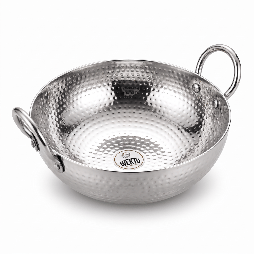 WEKTU Premium Stainless Steel Hammered Kadhai – Heavy Gauge Mathar Kadhai with Sturdy Riveted Stainless Steel Loop Handles | Mirror Finish Cook & Serve Deep Kadhai for Home & Kitchen - Cookware | Buy online on ZillyBuy