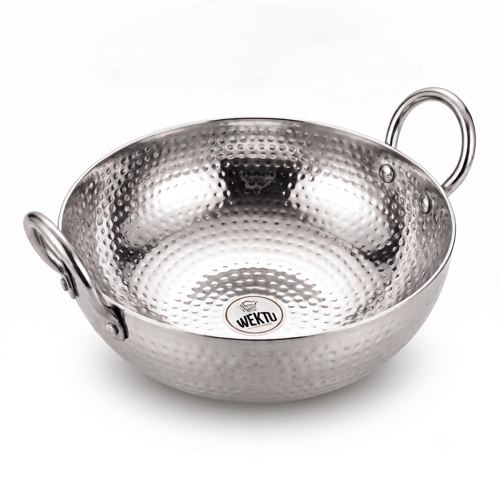 WEKTU Premium Stainless Steel Hammered Kadhai – Heavy Gauge Mathar Kadhai with Sturdy Riveted Stainless Steel Loop Handles | Mirror Finish Cook & Serve Deep Kadhai for Home & Kitchen - Cookware | Buy online on ZillyBuy