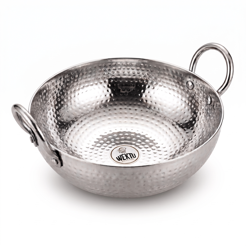 WEKTU Premium Stainless Steel Hammered Kadhai – Heavy Gauge Mathar Kadhai with Sturdy Riveted Stainless Steel Loop Handles | Mirror Finish Cook & Serve Deep Kadhai for Home & Kitchen - Cookware | Buy online on ZillyBuy