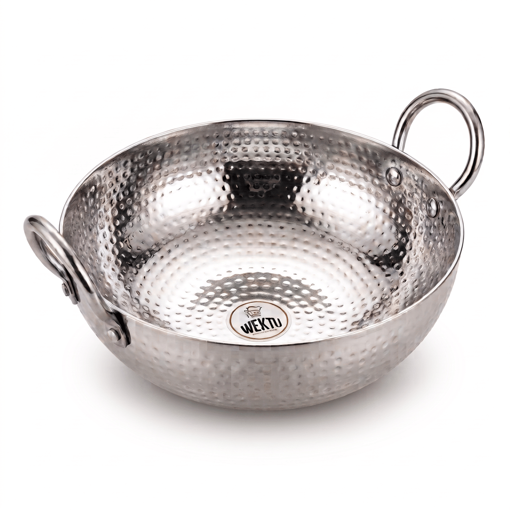 WEKTU Premium Stainless Steel Hammered Kadhai – Heavy Gauge Mathar Kadhai with Sturdy Riveted Stainless Steel Loop Handles | Mirror Finish Cook & Serve Deep Kadhai for Home & Kitchen - Cookware | Buy online on ZillyBuy