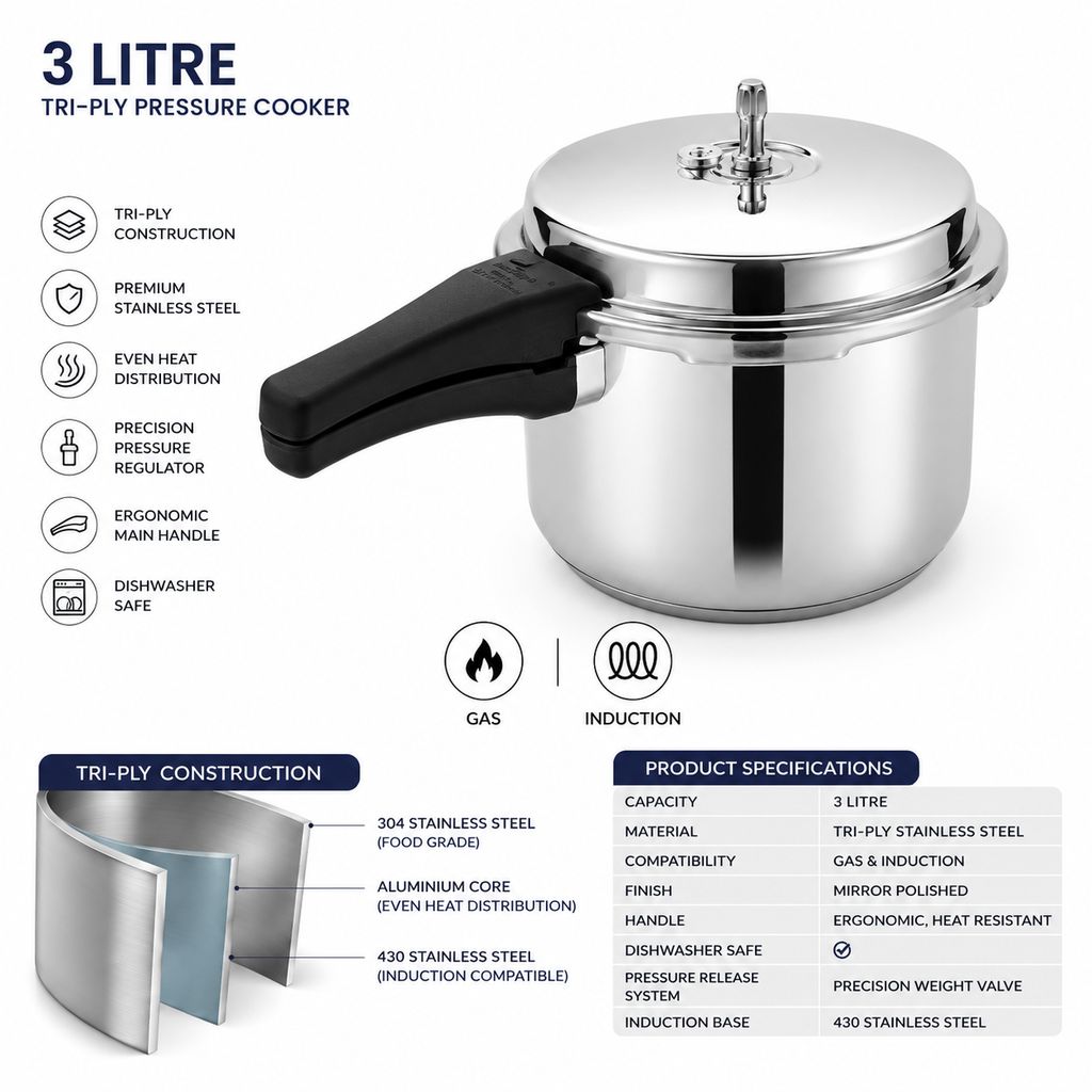 Tri-Ply Stainless Steel Pressure Cooker | 3 Litre | Gas & Induction Compatible