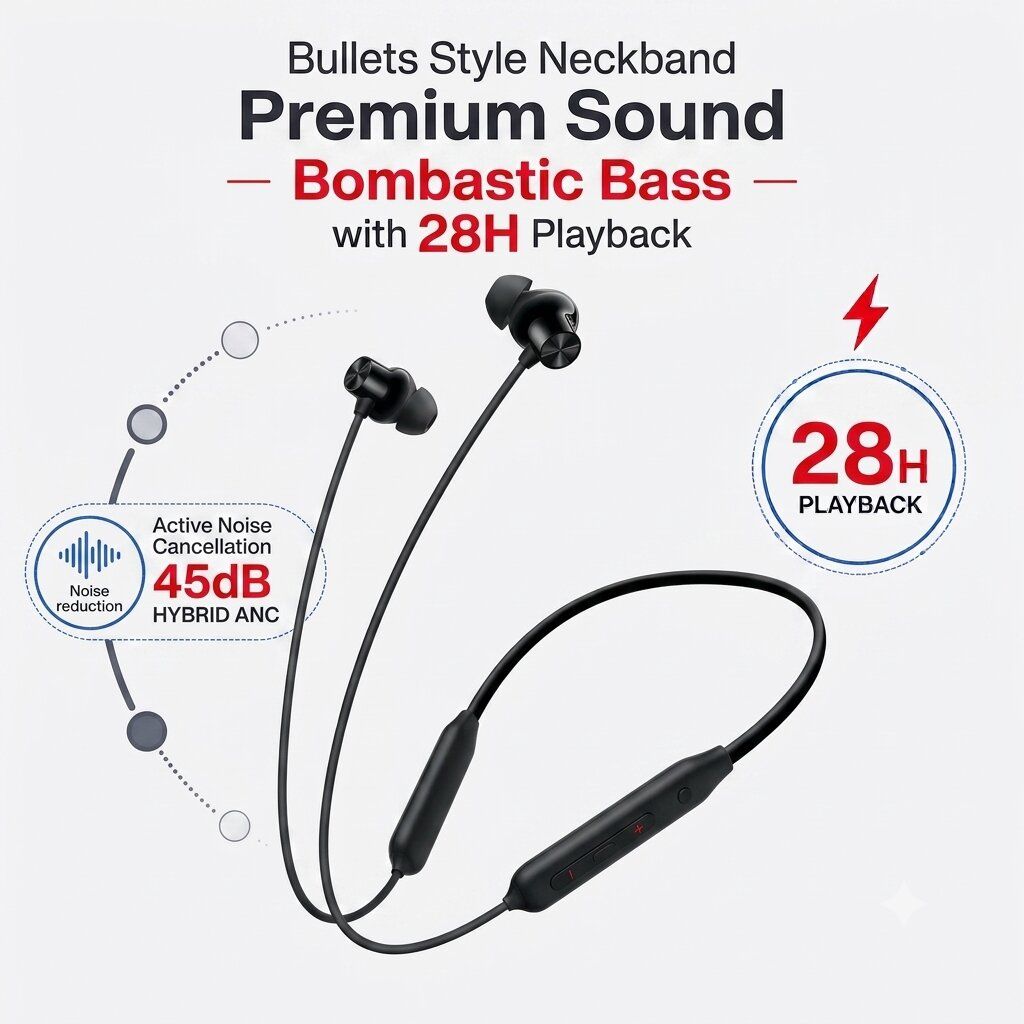 Bullets Style Wireless Z2 ANC Neckband - 45dB Hybrid ANC, 28H Playtime, 12.4mm Bass Drivers, Fast Charge