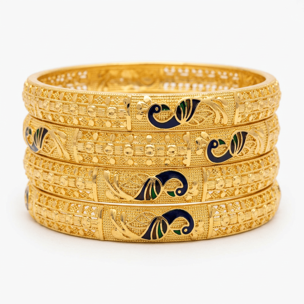 Traditional Gold-Plated Enamel Peacock Bangle Set (Pack of 4)