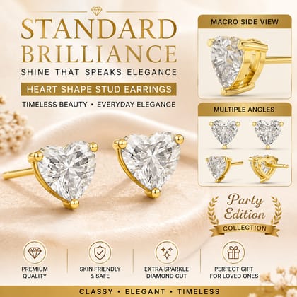 Dazzling Solitaire Stud Earrings For Girls, 18K Gold Plated White Solitaire Studs Earrings for Women, Teen Girls & Kids Romantic Heart-Shaped Diamond Like Stud Earrings Pair of 1