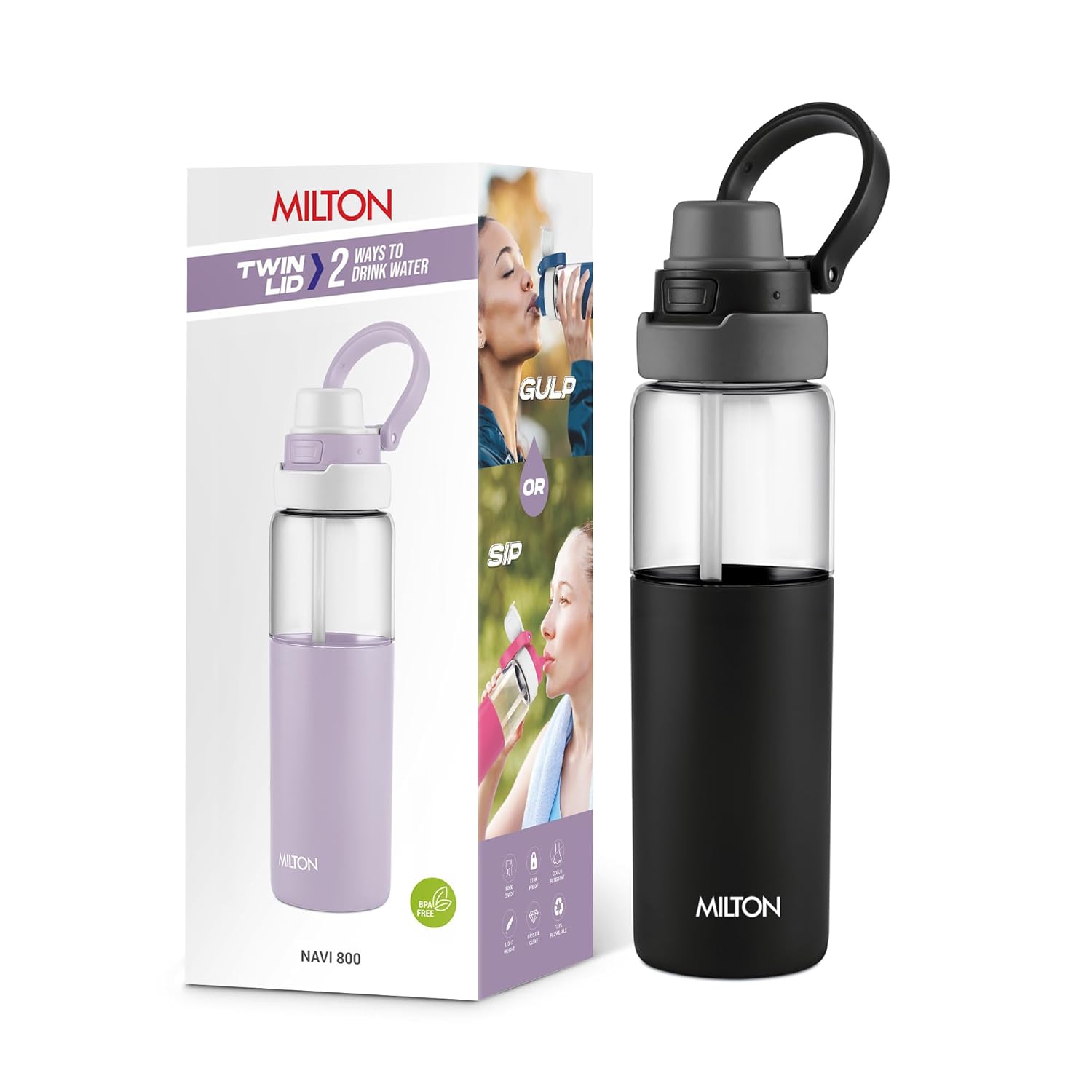MILTON Navi 800 2-in-1 Lid Sip or Gulp Water Bottle 800 ml | Sturdy Handle I BPA Free| Food-Grade | One-Touch Open | Leak-Proof | Ideal for Office, School, College, Gym
