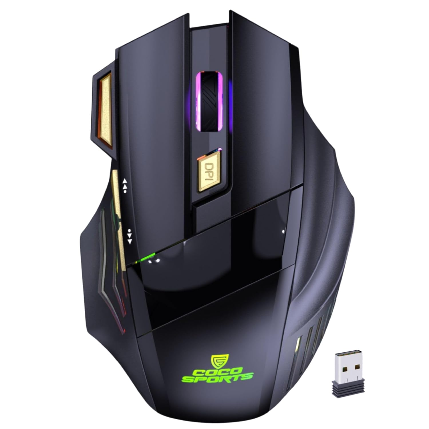 coconut Gold+ Wireless Gaming Mouse Rechargeable, Bluetooth + 2.4GHz Dual Mode Multi Device Mouse, 3200 DPI, RGB LED Gaming Mouse with 7 Buttons & Fire Button, Ergonomic Mouse for Laptop PC Computer