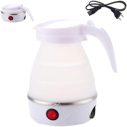 Collapsible Silicone Electric Kettle 600ml - Portable Folding Water Kettle with Power Cord for Travel, Home & Office Use (White)
