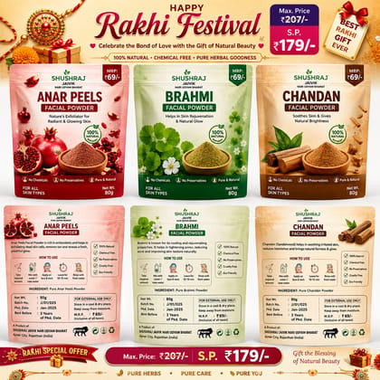 SHUSHRAJ JAIVIK 3 in 1 Herbal Facial Powder Combo | Anar Peels, Brahmi & Chandan | Natural Face Pack | 240G