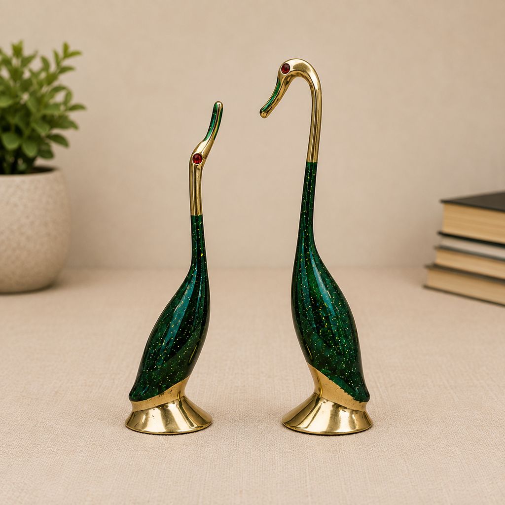 Moradabad Metal Craft Brass Love Bird Saras Pair Showpiece Green