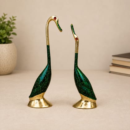 Moradabad Metal Craft Brass Love Bird Saras Pair Showpiece Green