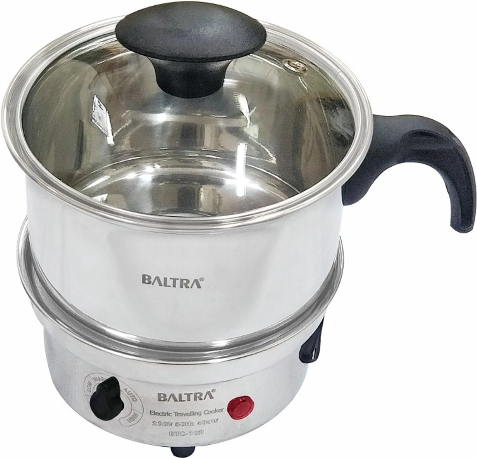 BALTRA BTC-102 Glair Plus 400 Watts Multi Cooker Electric Kettle Stainless Steel Body with Glass Lid (0.9 L)