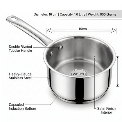 WEKTU Premium Stainless Steel Saucepan with Capsuled Induction Bottom  – Heavy Gauge Tea Milk Pan with Riveted Cool-Touch Handle | Mirror Finish Cookware for Gas & Induction Stove