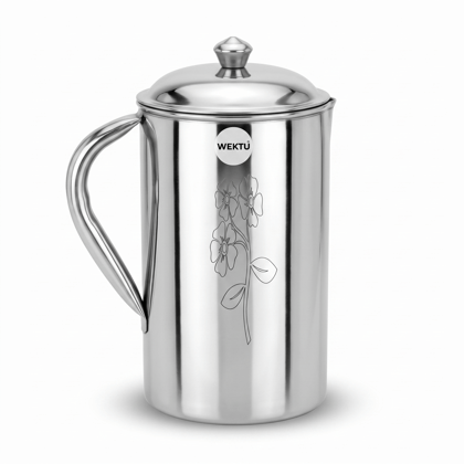 WEKTU Premium Stainless Steel Water Jug with Fitted Lid (23 cm | 11.5 cm Diameter) – Heavy Gauge Laser-Etched Floral Design Water Pitcher | Mirror Finish Server Jug for Home, Kitchen & Dining Table