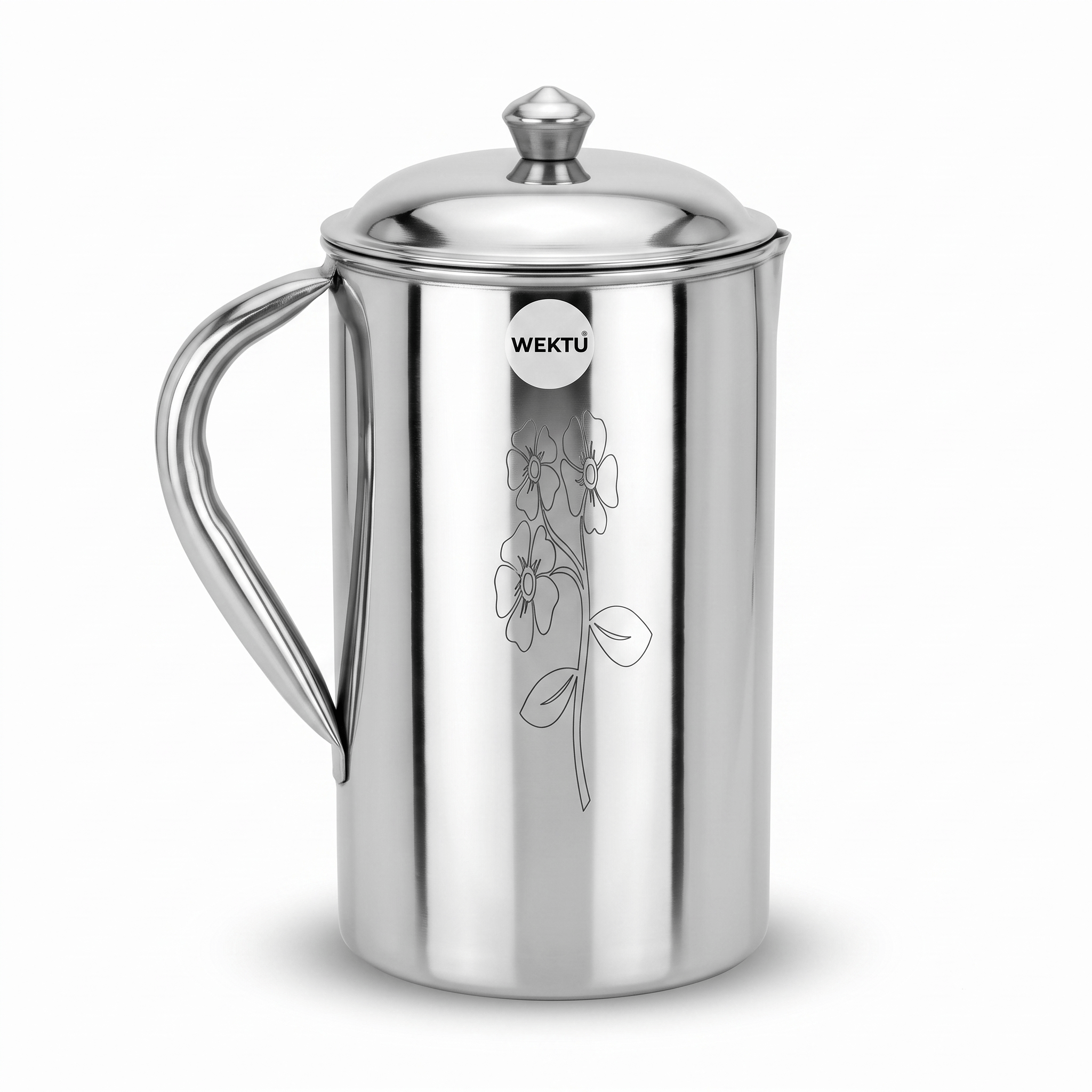 WEKTU Premium Stainless Steel Water Jug with Fitted Lid (23 cm | 11.5 cm Diameter) – Heavy Gauge Laser-Etched Floral Design Water Pitcher | Mirror Finish Server Jug for Home, Kitchen & Dining Table