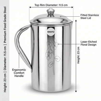 WEKTU Premium Stainless Steel Water Jug with Fitted Lid (23 cm | 11.5 cm Diameter) – Heavy Gauge Laser-Etched Floral Design Water Pitcher | Mirror Finish Server Jug for Home, Kitchen & Dining Table