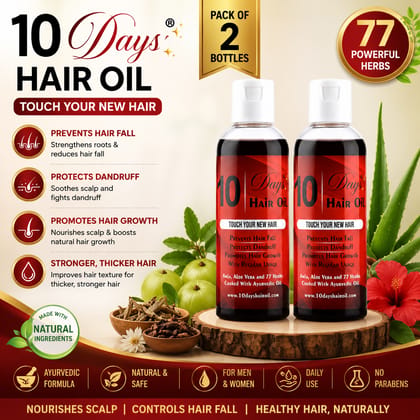 10 Days Hair Oil with 77 Herbs | Kerala Ayurvedic Hair Growth Oil | Therapeutic Anti Hair Fall Hair Oil | Bhringraj, Amla & Aloe Vera Herbal Hair Oil for Men & Women 100ml each Pack of 2