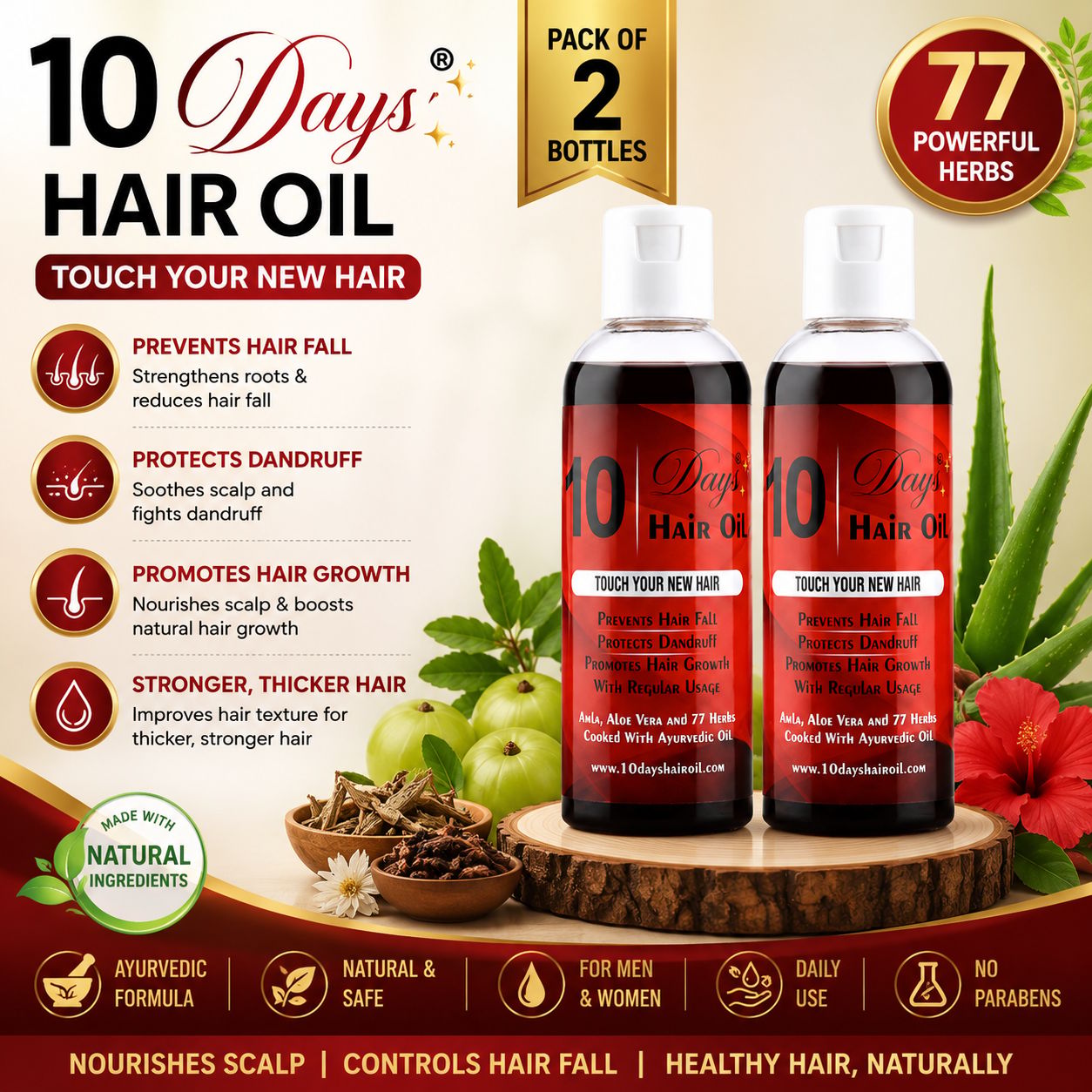 Ayurvedic Hair Oil with 77 Herbs 100ml each | Kerala Herbal Hair Growth Oil | Hair Fall Control & Hair Regrowth Oil for Men & Women | Therapeutic Scalp Care & Hair Thickening Oil Pack of 2