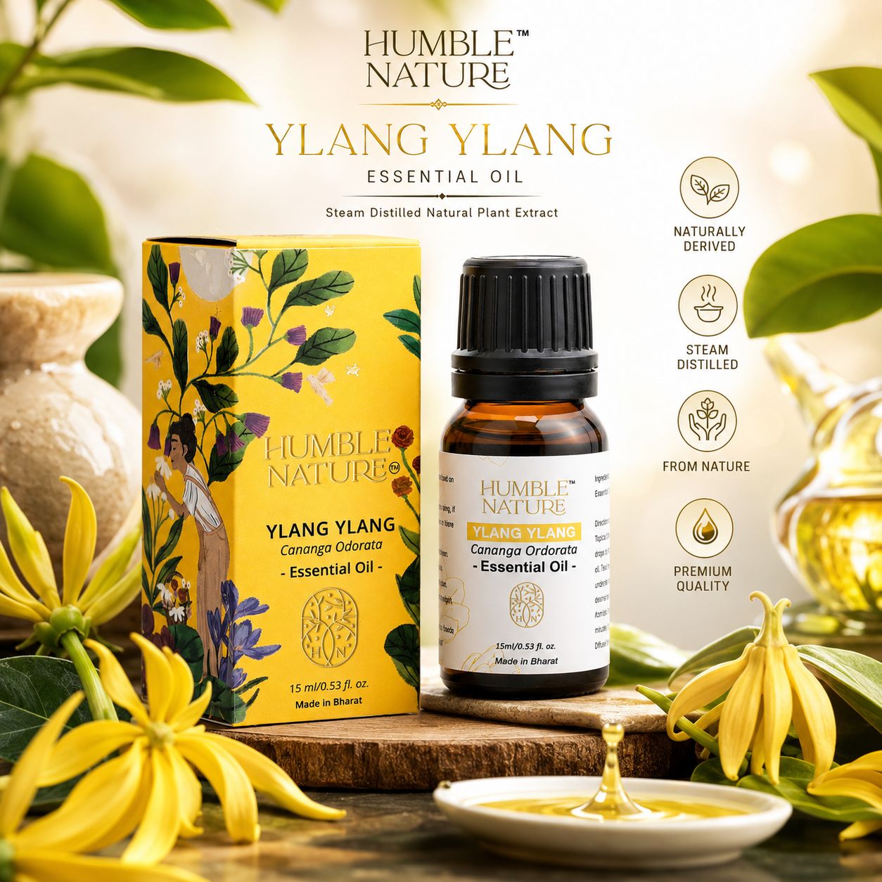 Humble Nature Ylang Ylang Essential Oil 15ml | Steam Distilled Natural Cananga Odorata Oil | Premium Aromatherapy Diffuser, Massage & DIY Skincare Hair Care Oil | GC-MS Tested