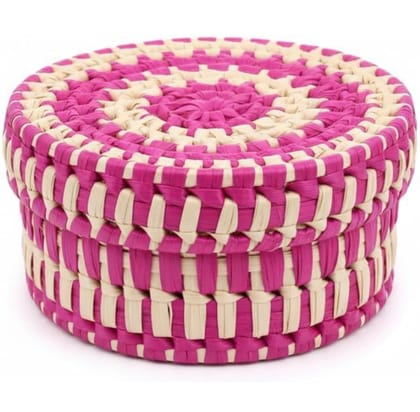 Generic Premium Handwoven Palm Leaf Gift Box with Lid Eco-Friendly Ethnic Return Gift Basket for Wedding Festival Corporate Gifting Decorative Multicolor Round Favor Box