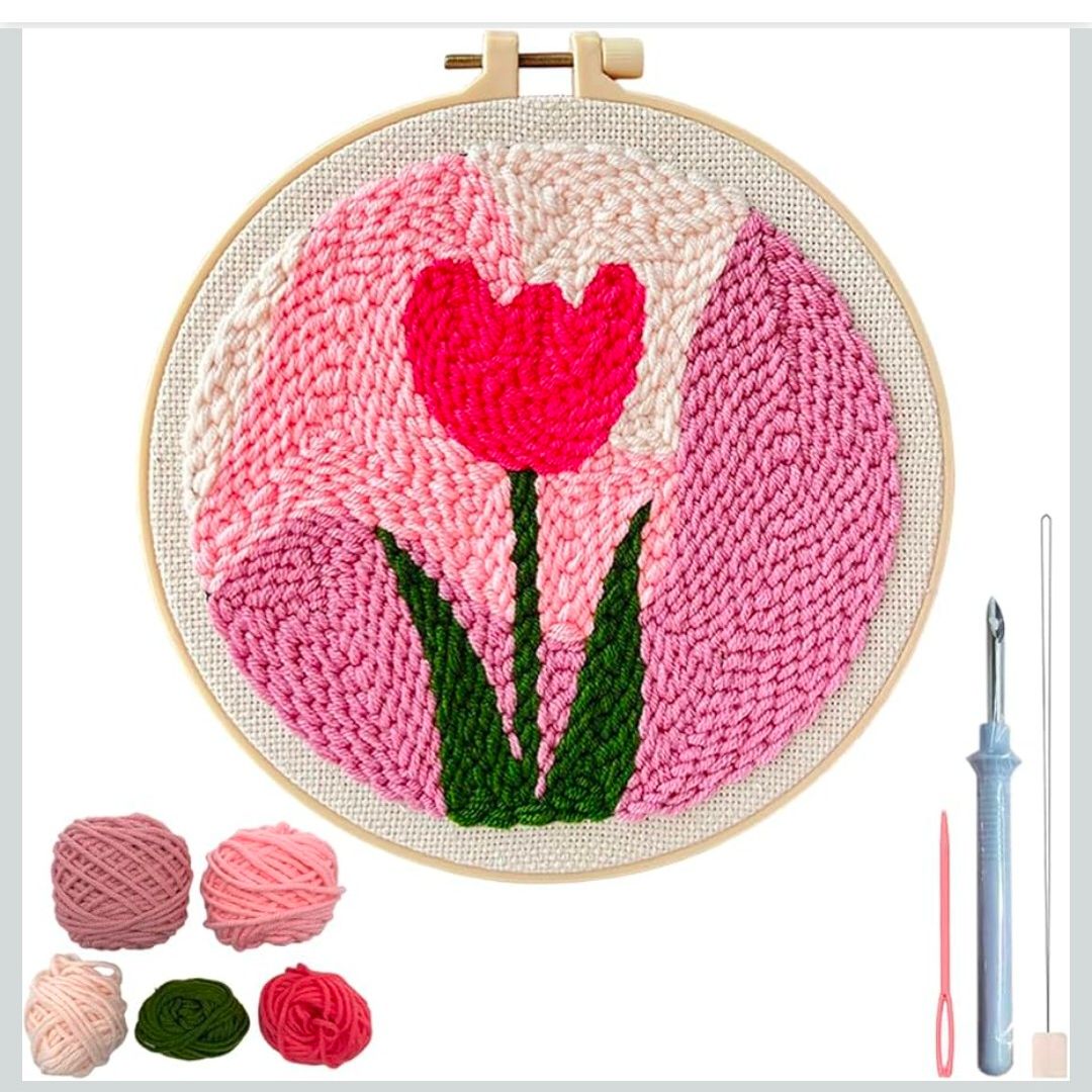 JINHAO Tulip Punch Needle Embroidery Starter Kit with Hoop and Yarn