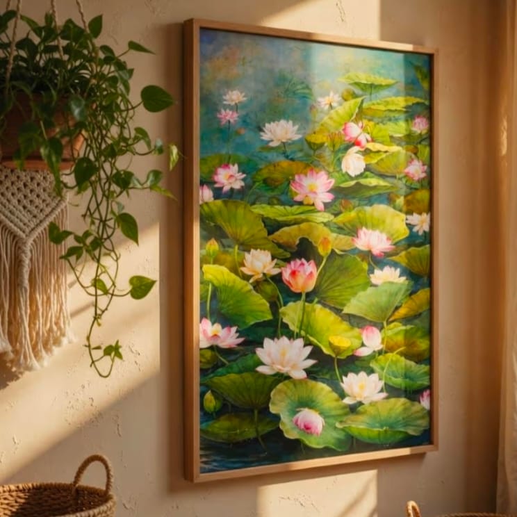 Framed Lotus Flower Pond Canvas Wall Art, 13.5x19.5 Inch