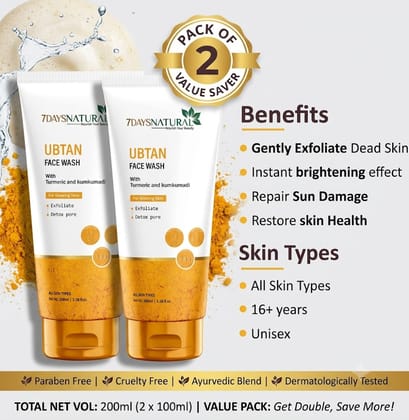Ayurvedic Ubtan Face Cleanser (Pack of 2) 100ml each  – Deep Cleansing Face Wash for Acne, Dark Spots & Oil Control Best Tan Removal &  Skin Brightening Haldi Ubtan Face Wash for Women & Men Sandalwood Face wash 