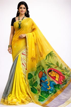 Wearable Indian Art Premium Kerala Cotton Kasavu Saree with Golden Zari Border | 6.5M Acrylic Hand Painted Radha Krishna Vrindavan Artwork | Traditional Indian Ethnic Saree with Running Blouse