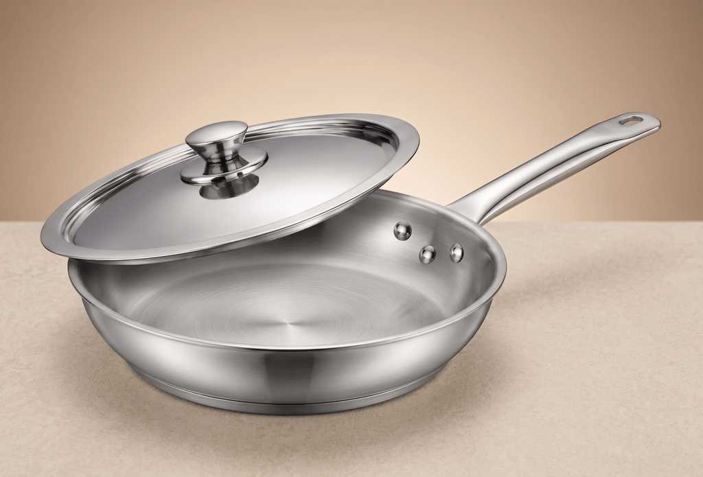 WEKTU Premium Stainless Steel Frypan with Stainless Steel Lid  – Heavy Gauge Induction Bottom Frying Pan with 3-Rivet Cool Touch Handle | Mirror Finish Skillet for Gas & Induction Stove - Cookware | Buy online on ZillyBuy