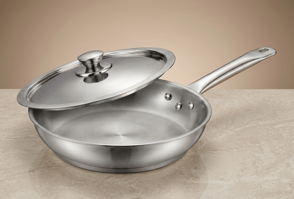 WEKTU Premium Stainless Steel Frypan with Stainless Steel Lid  – Heavy Gauge Induction Bottom Frying Pan with 3-Rivet Cool Touch Handle | Mirror Finish Skillet for Gas & Induction Stove - Cookware | Buy online on ZillyBuy