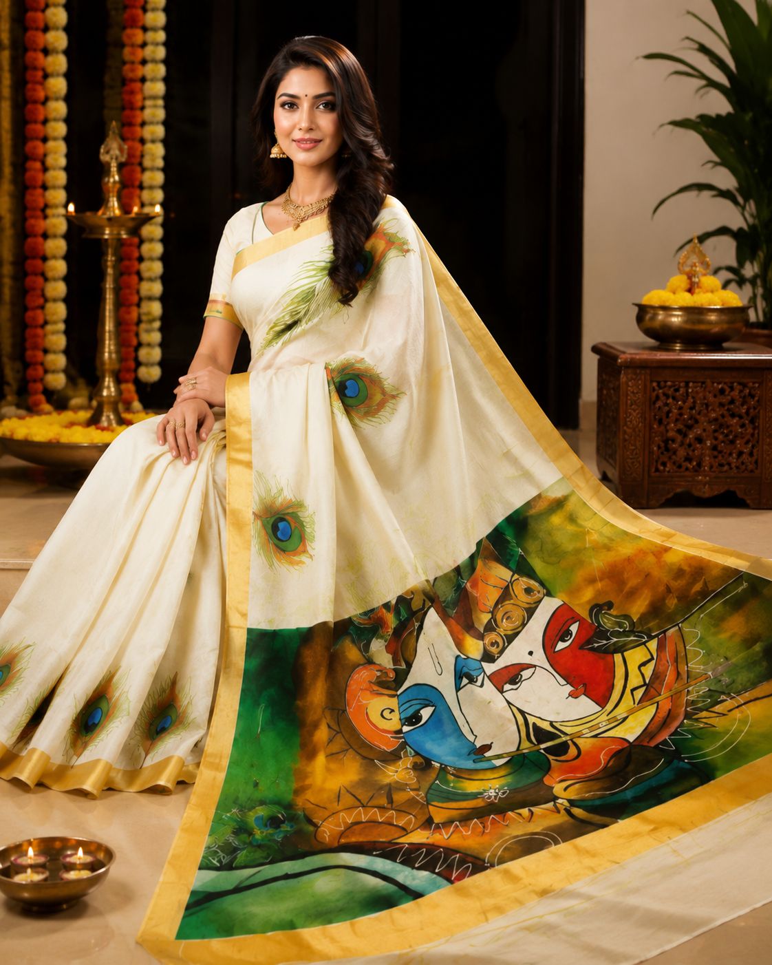 Shop Premium Kerala Cotton Kasavu Saree with Golden Zari Border, Wearable Indian Art, 6.25 m Length and Running Blouse, Features Acrylic Hand-Painted Radha Krishna Vrindavan Artwork Inspired by Krishna's Bansuri