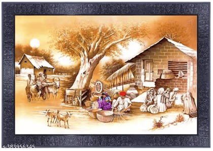 Framed Indian Village Scene Watercolor Painting