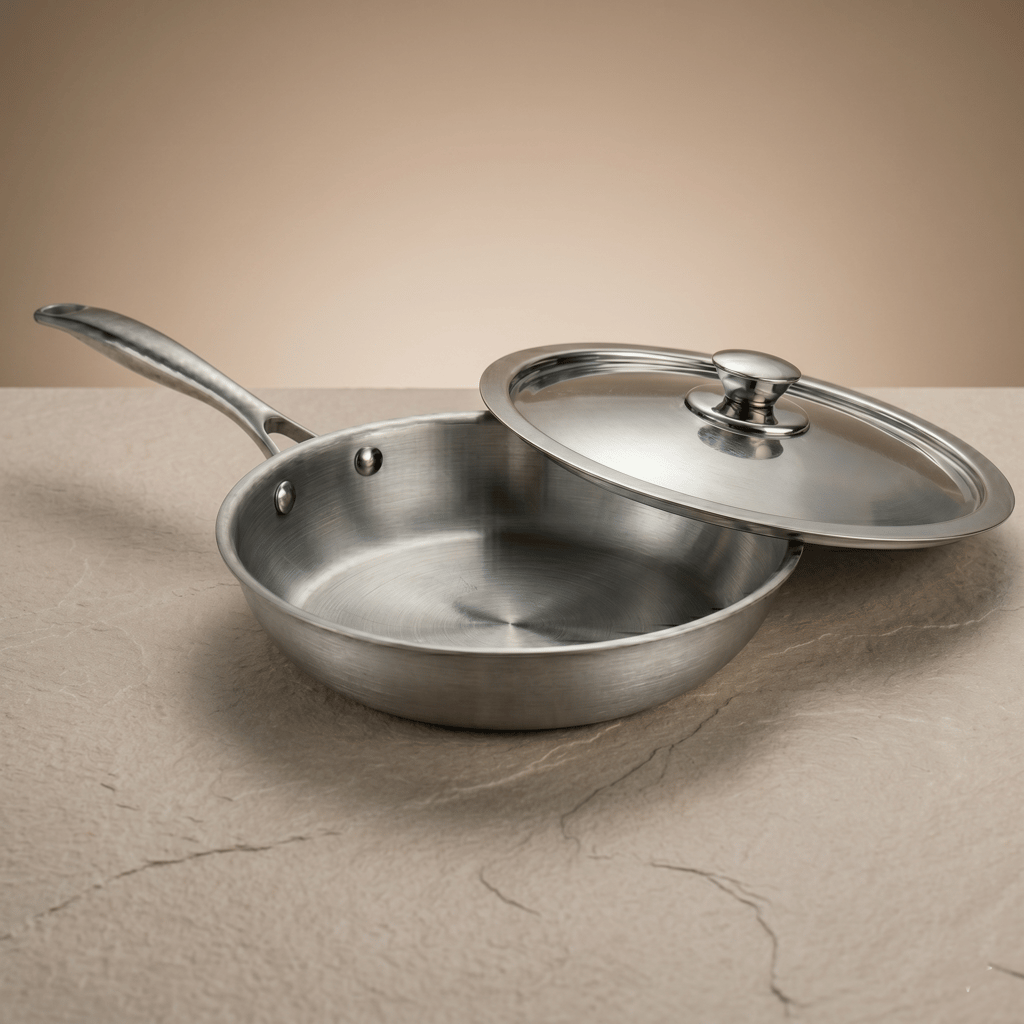 WEKTU Triply Stainless Steel Frypan with Stainless Steel Lid– 3-Layer Heavy-Gauge Frying Pan with Riveted Cool Touch Handle | Induction & Gas Compatible Skillet - Cookware | Buy online on ZillyBuy