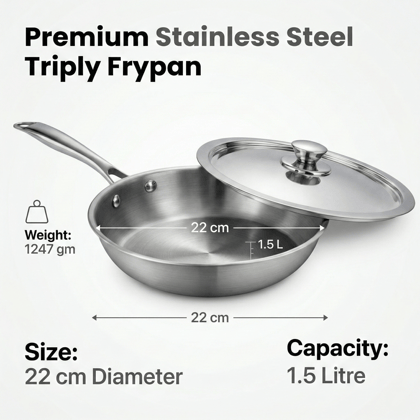 WEKTU Triply Stainless Steel Frypan with Stainless Steel Lid– 3-Layer Heavy-Gauge Frying Pan with Riveted Cool Touch Handle | Induction & Gas Compatible Skillet