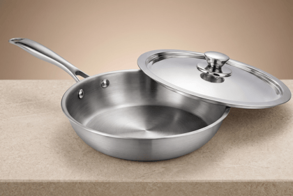 WEKTU Triply Stainless Steel Frypan with Stainless Steel Lid– 3-Layer Heavy-Gauge Frying Pan with Riveted Cool Touch Handle | Induction & Gas Compatible Skillet