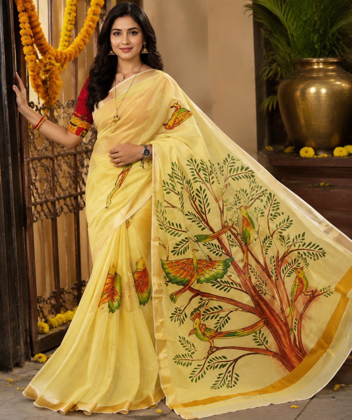 DHRUVINSRI Luxury Kerala Cotton Kasavu Saree | Wearable Indian Art Hand Painted Tree of Life & Colorful Birds Artwork with Golden Zari Border | Elegant Yellow Traditional Saree with Running Blouse