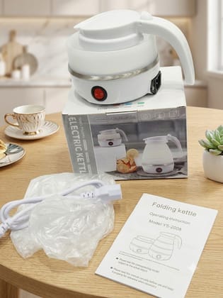 Signamio Electric Kettle - Portable for Travel, Foldable Silicone Travel Kettle, Compact and Lightweight, Ideal for Camping Office, and Hotel Use, Quick Boil - 220V-600ML - White