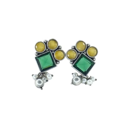 Silver Oxidized Stud Earrings with Green and Yellow Stones
