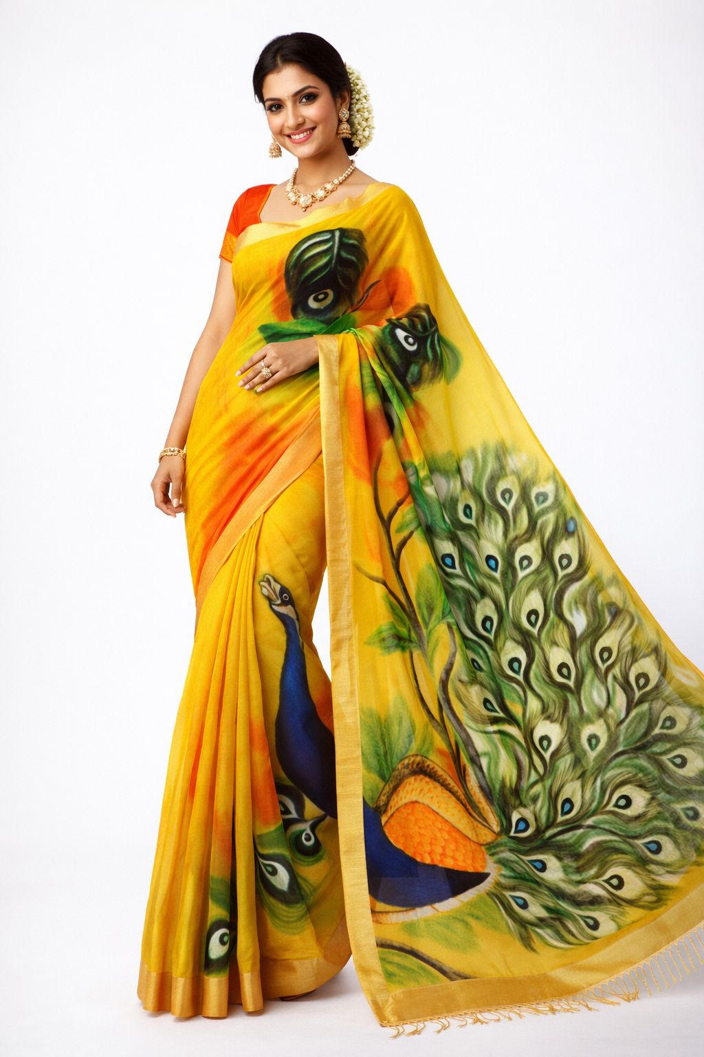 DHRUVINSRI Luxury Kerala Cotton Kasavu Saree | Hand Painted Peacock & Peacock Feather Art with Golden Zari Border | Elegant Yellow Ethnic Saree with Running Blouse