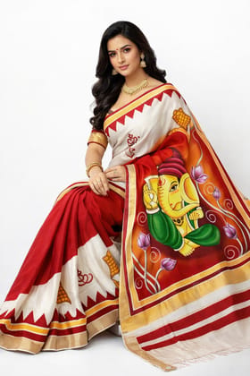DHRUVINSRI Luxury Kerala Kasavu Cotton Saree | Artistic Hand Painted Lord Ganesha & Lotus Design with Golden Zari Border | Elegant Red & Cream Traditional Indian Saree