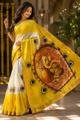 Luxury Kerala Kasavu Cotton Saree | Hand Painted Lord Ganesha with Peacock Motifs & Designer Pallu | Multicolor Ethnic Saree with Golden Zari Border & Running Blouse I Traditional Ethnic Indian Saree | Festive & Occasion Wear