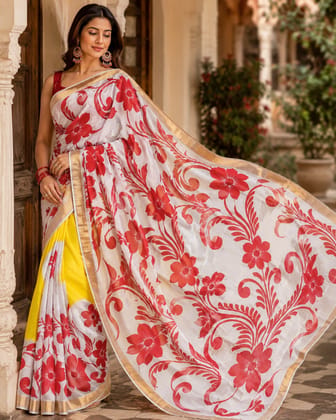 DHRUVINSRI Premium Kasavu Cotton Hand-Painted Saree with Zari Border | Artistic Acrylic Floral Print South Indian Ethnic Saree with Blouse Piece | Festive & Occasion Wear