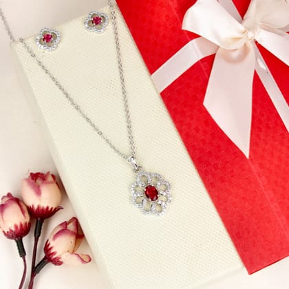 Cubic Zirconia Red Stone Rhodium Plated Flower Pendant Set - SIA446774