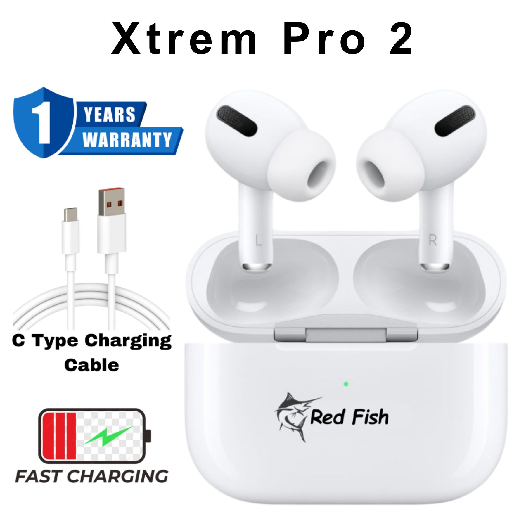 Red Fish Xtrem Airpods Pro 2 Deep Bass Earbuds,40H Playtime with Bluetooth 5.3 Headphone 